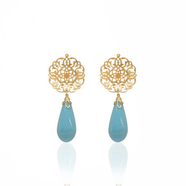 KEN 001025 Turquoise Colored Earrings with Laser Cut Filigree in Yellow Gold 1