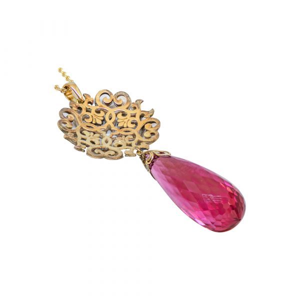 KPN 000285 Pink Tourmaline Colored Pendant with Laser Cut Pattern in Yellow Gold 2