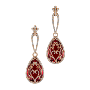 Innovative glistening Red Crystal earrings accompanied by diamonds in 18K Pink Gold