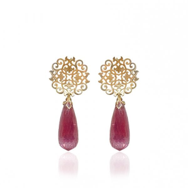 KEN 001006 Pink Tourmaline Colored Earrings with Laser Cut Pattern in Yellow Gold 1