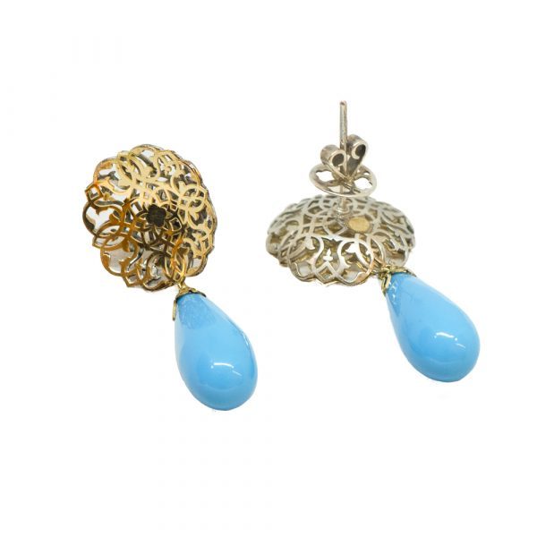 KEN 001025 Turquoise Colored Earrings with Laser Cut Filigree in Yellow Gold 2