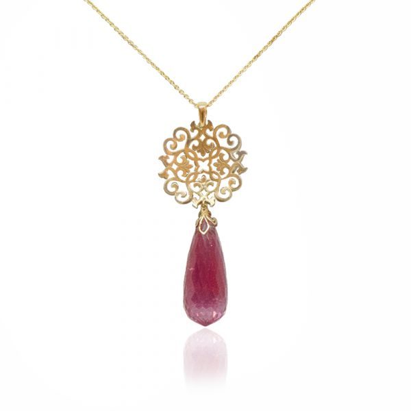 KPN 000285 Pink Tourmaline Colored Pendant with Laser Cut Pattern in Yellow Gold