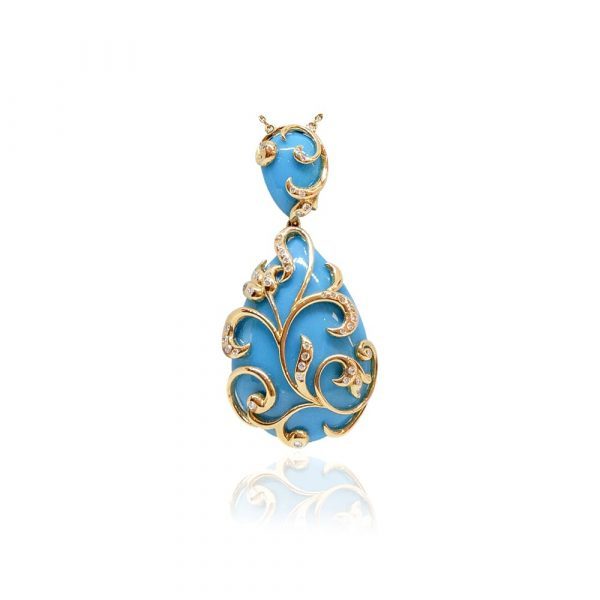 KPN 280 Diamond and Turquoise Colored Pendant in Yellow Gold